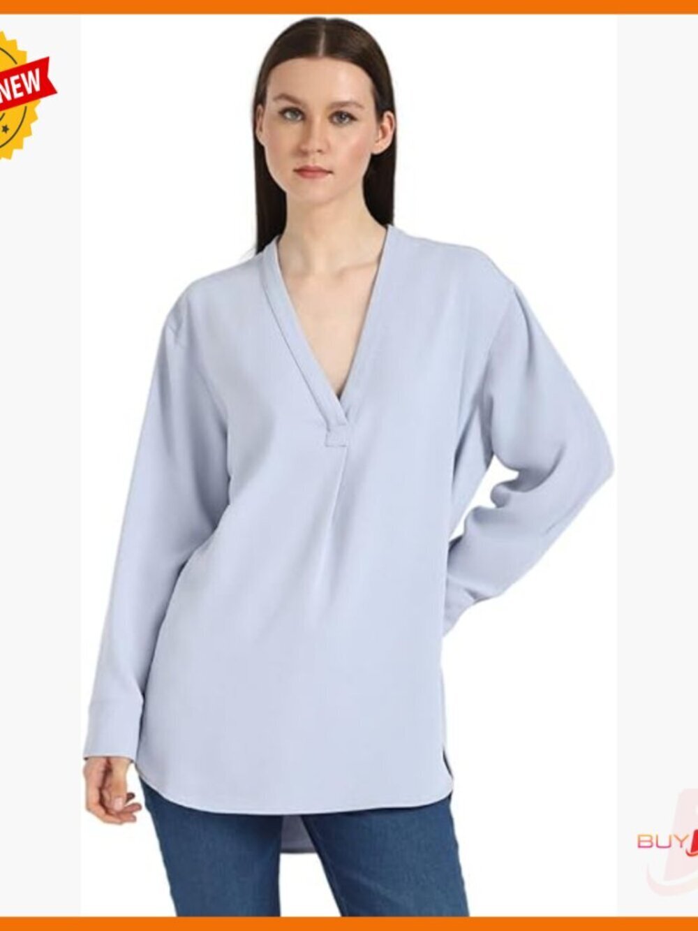 Relaxed Fit V-Neck Blouse with Long Sleeves and Flap Pockets